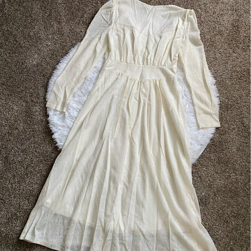 JNSQ Dress Cream Long Sleeve Wool Blend Maxi Cottage‎ Core Farmhouse Prairie 6